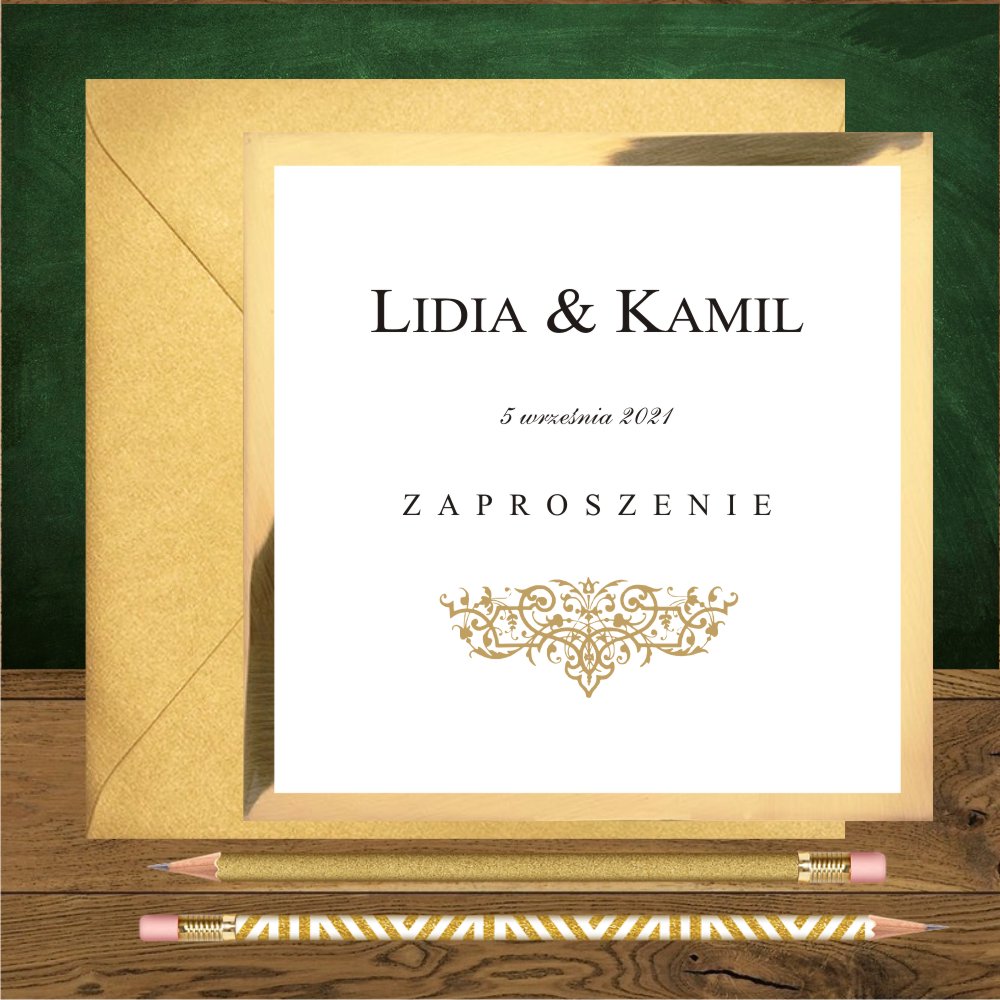 zaproszenia minimalistyczne ze złotym ornamentem