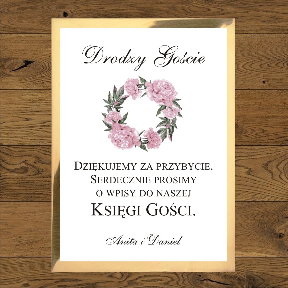 Instrukcja do księgi gości - Piwonie pastelowe, lodowy róż. Papier złoty mirror