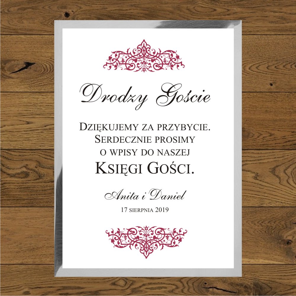 Instrukcja do księgi gości - Oliwia bordo. papier biały i srebrny mirror