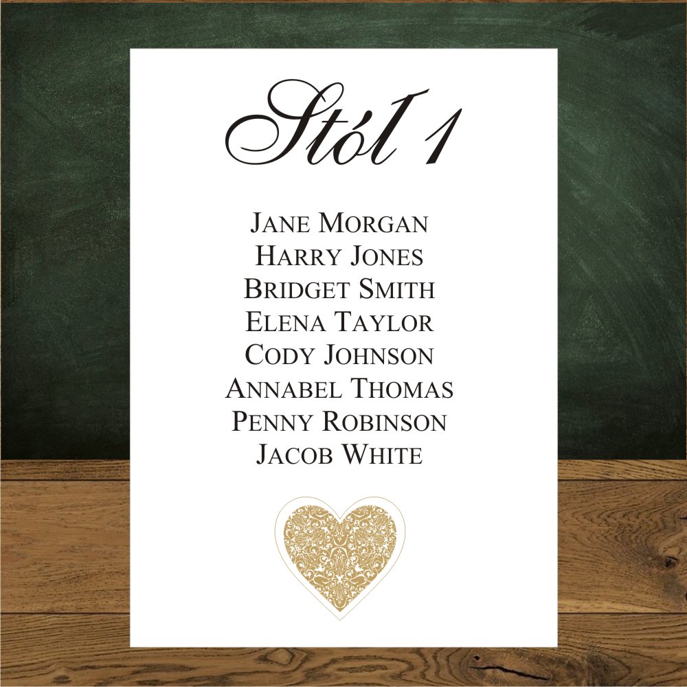 Plan stołów – same kartki - Karteczki z usadzeniem gości na weselu. Serce złote