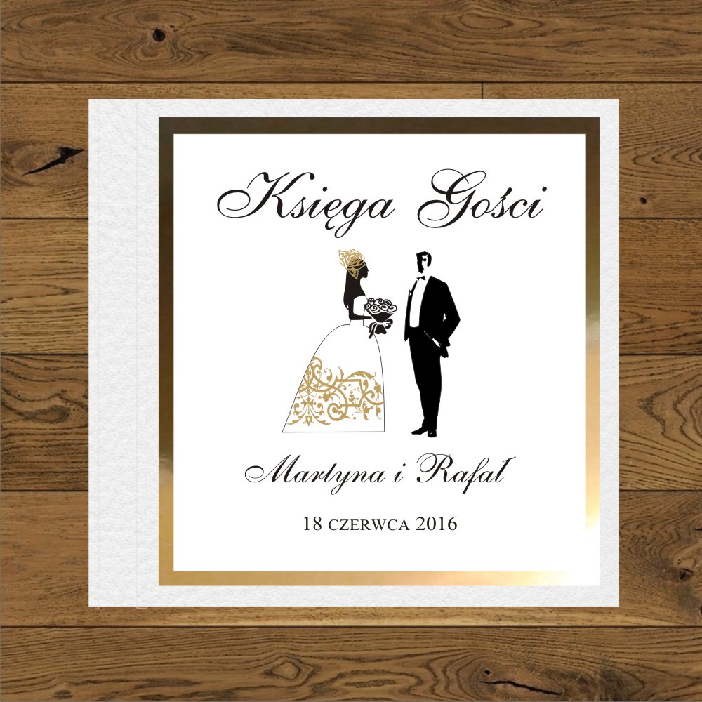 Księgi Gości - twarda oprawa - Para młoda ornament na sukni złoty. Księga gości weselnych