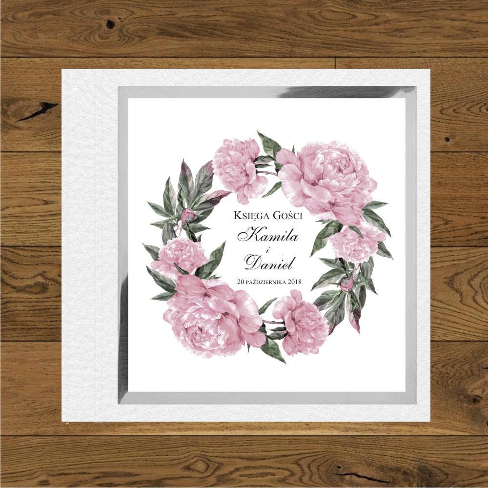 Księgi Gości - twarda oprawa - Piwonie- wianek pastelowy różowy