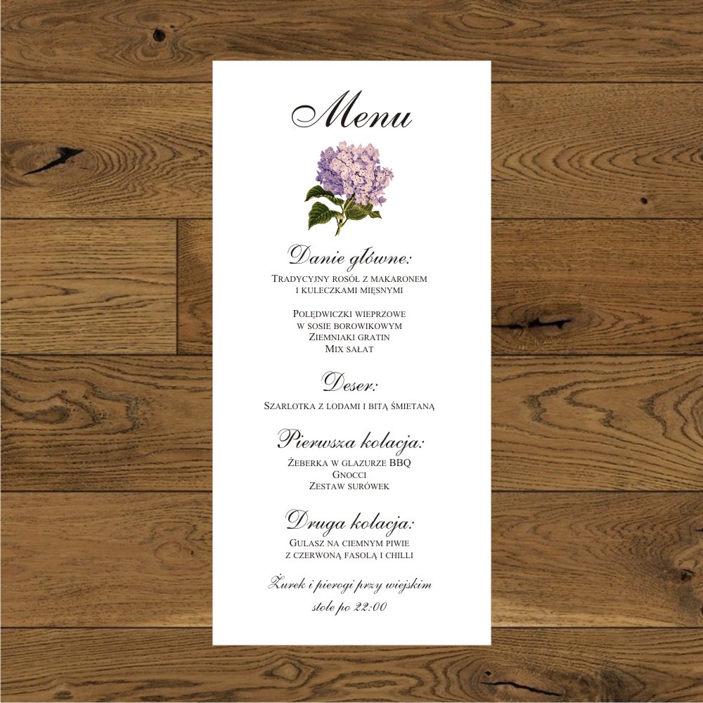 Menu jednostronne. - Hortensje różowe i złote serce. Menu na stół weselny jednostronne z różową hortensją