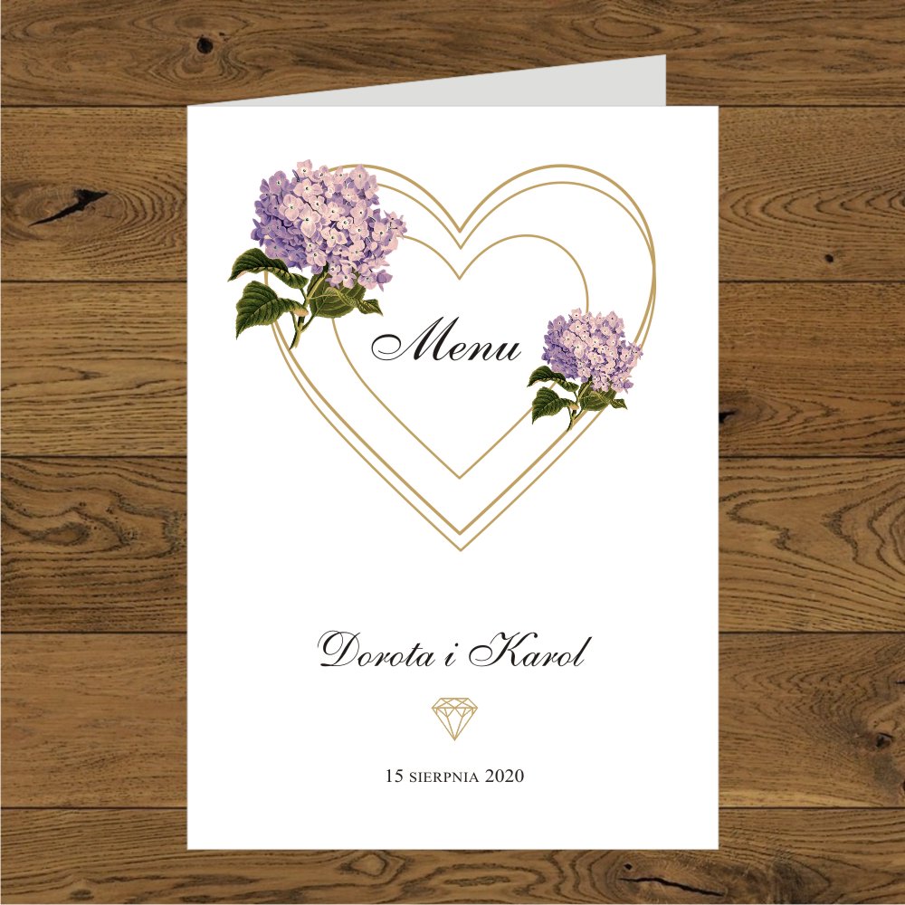 Menu - Hortensje różowe i złote serce. Menu na stół weselny z różowymi hortensjami i złotym sercem