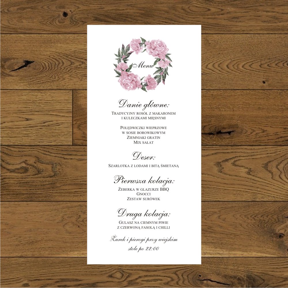 Menu jednostronne. - Piwonie- wianek pastelowy różowy jednostronne menu weselne