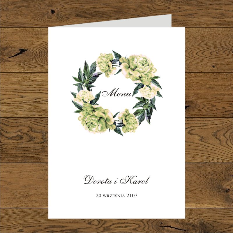 Menu - Piwonie ecru - papier biały