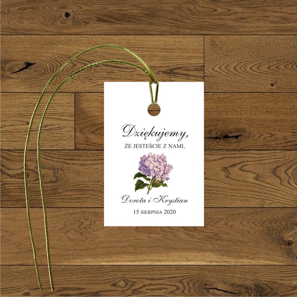 Zawieszki do prezencików - Hortensje różowe i złote serce. Zawieszka do prezencików dla gosci weselnych z różową hortensją