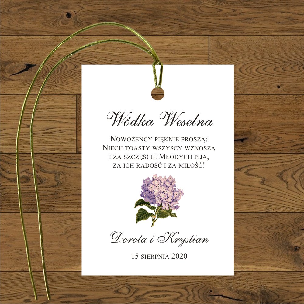 Zawieszki na alkohol - Hortensje różowe i złote serce. Zawieszki na wódkę weselną z różową hortensją