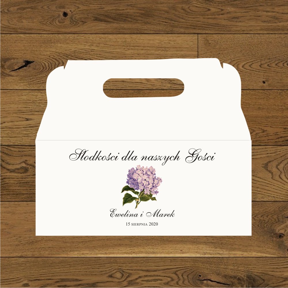 Pudełka na ciasto - Hortensje różowe i złote serce. Pudełeczko na ciasto weselne z hortensja