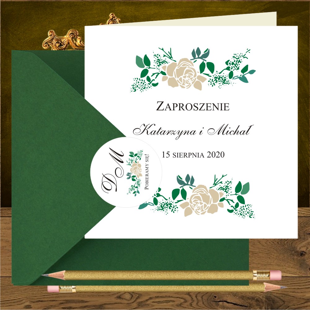 Ekonomiczne - Zaproszenia na wesele rustykalne. Róże beżowe i listeczki ciemna zieleń