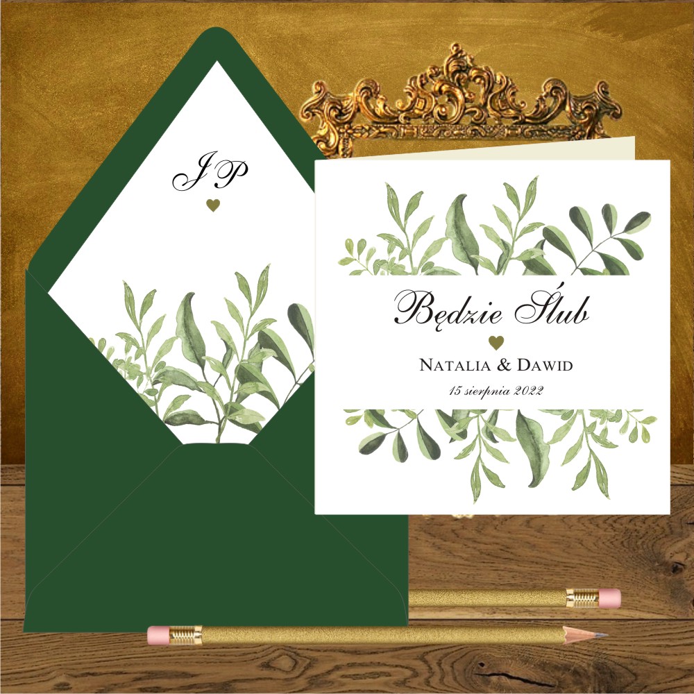 Ekonomiczne - Zaproszenia w stylu rustykalnym, boho. Proste, kwadratowe. Zielone listki i serduszko mini.
