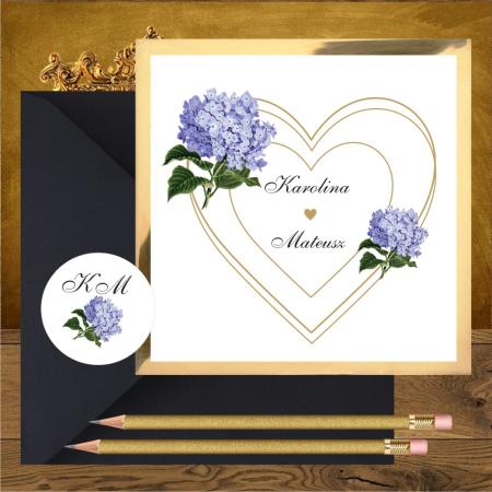 Zaproszenia z niebieskimi hortencjami i złote serce
