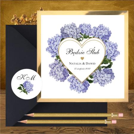 Zaproszenia z niebieskimi hortensjami w wianku