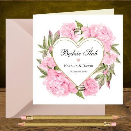 Zaproszenia z piwoniami i sercem. Romantyczny rózowy.