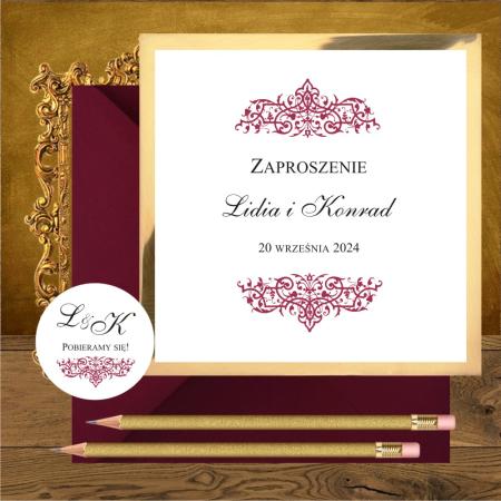 Zaproszenia ślubne glamour. Dwa ornamenty bordowe, Oliwia bordo