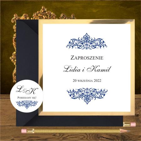 Zaproszenia ślubne glamour.Dwa granatowe ornamenty, Oliwia