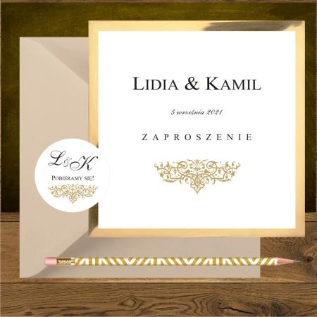 Zaproszenia ślubne glamour ze złotym ornamentem. Kwadratowe, jeden ornament. Oliwia złota