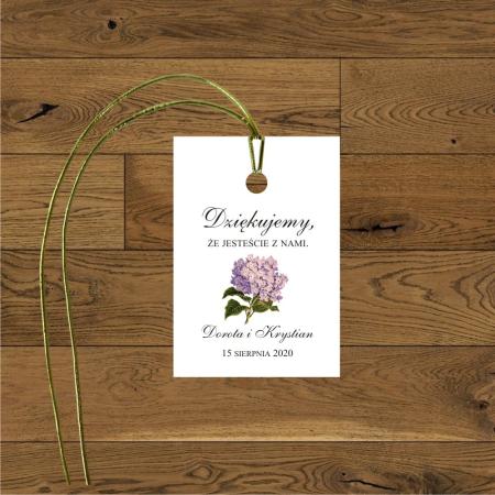 Hortensje różowe i złote serce. Zawieszka do prezencików dla gosci weselnych z różową hortensją