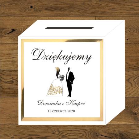 Front do pudełek na koperty Para młoda ornament na sukni złoty.