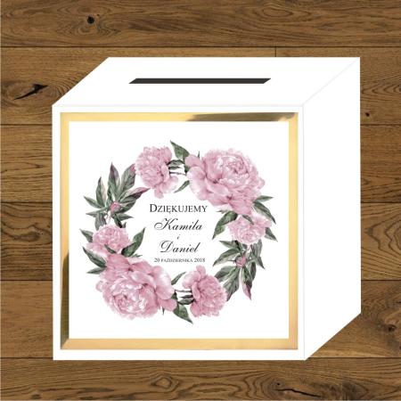 Front do pudełek na koperty Piwonie pastelowy, lodowy, rózowy. papier złoty mirror