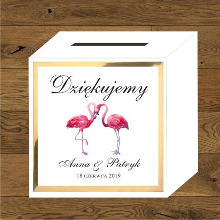 Front do pudełek na koperty Flamingi. Papier złoty mirror
