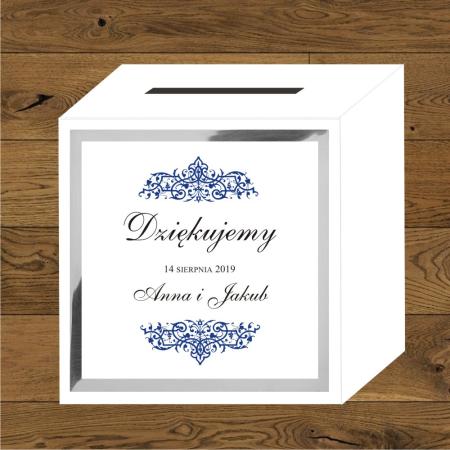 Front do pudełek na koperty Oliwia granat. Papier srebrny mirror