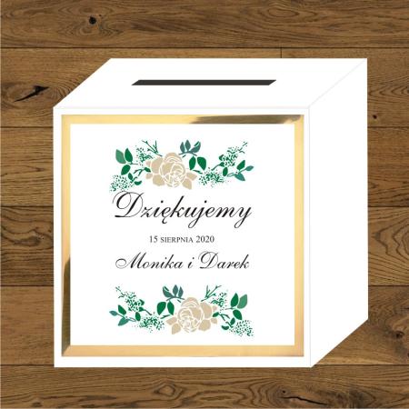 Front do pudełek na koperty Róże beżowe. Listeczki ciemna zieleń