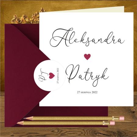 Zaproszenia weselne minimalistyczne z serduszkiem bordowym
