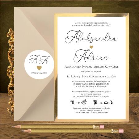 Zaproszenia ślubne glamour jednostronne. Serduszko złote mini
