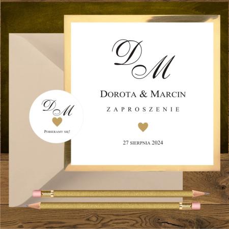 Zaproszenia slubne glamour z minimalistycznym złotym serduszkiem i inicjałami