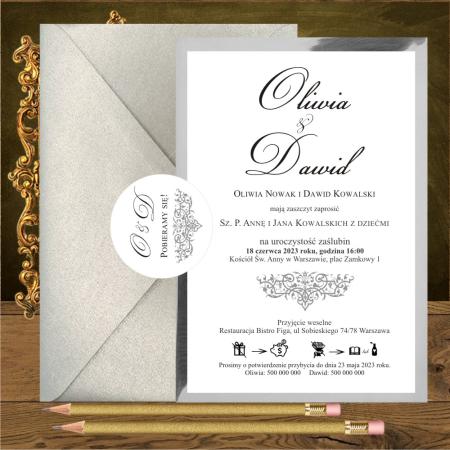 Zaproszenia slubne jednostronne eleganckie glamour Oliwia srebro