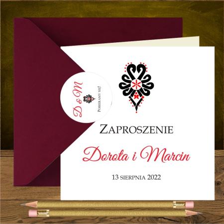 Zaproszenia góralskie z czarno czerwoną parzenicą