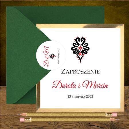 Zaproszenia ślubne góralskie z góralską parzenicą czarno czerwoną. Parzenica czerwona