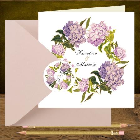 Zaproszenia na ślub z różowymi hortensjami w wianku