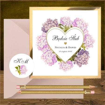 Zaproszenia rozowe hortensje i serce zlote