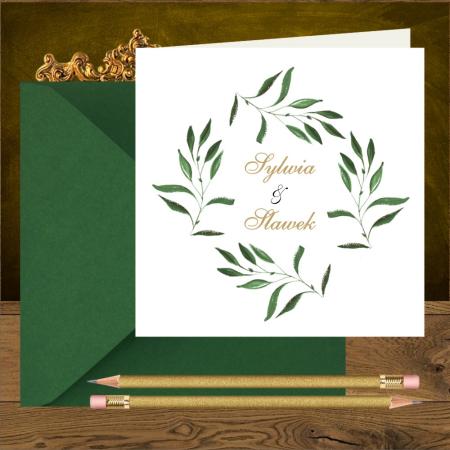 Zaproszenia ślubne rustykalne, boho z zielonymi gałązkami. Zielone gałązki delikatne
