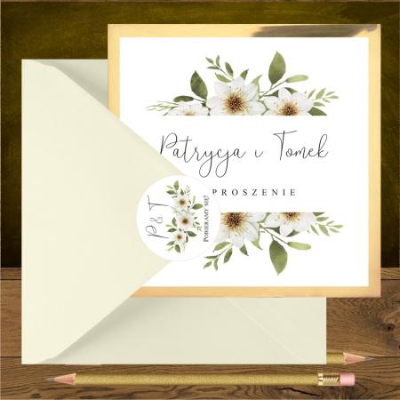 Zaproszenia ślubne białe kwiaty na złotym kartoniku. Jaśmin
