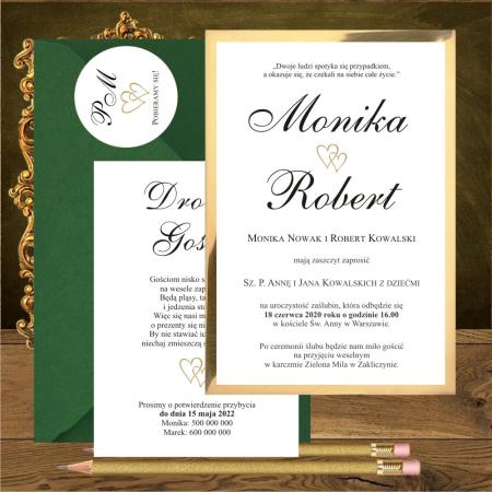 Zaproszenia slubne jednostronne dwa serduszka złote minimalistyczne