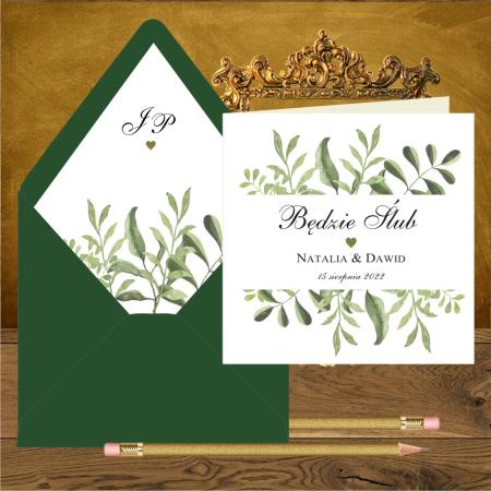 Zaproszenia w stylu rustykalnym, boho. Proste, kwadratowe. Zielone listki i serduszko mini.
